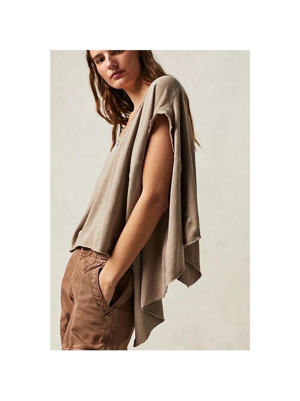 We The Free Taupe Boxy Raw-Edge Oversized Tunic Tee Size XL